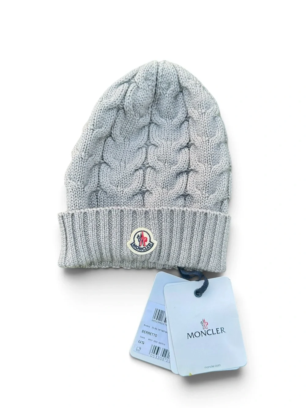 Moncler Beanie Kids Cable Knit Wool Gray embroidered logo patch Size Large NWT
